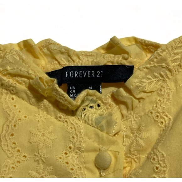 Forever 21 Juniors' Yellow Embroidered Lace Button Front Sleeveless Blouse - Picture 2 of 9